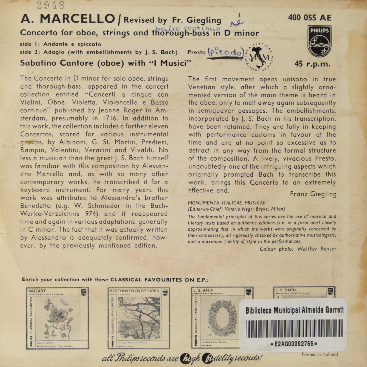 Marcello: Concerto for oboe, strings and thorough-bass