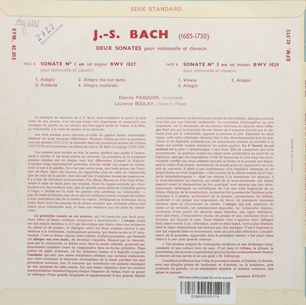 Bach: Deux sonates pour violoncelle et clavecin