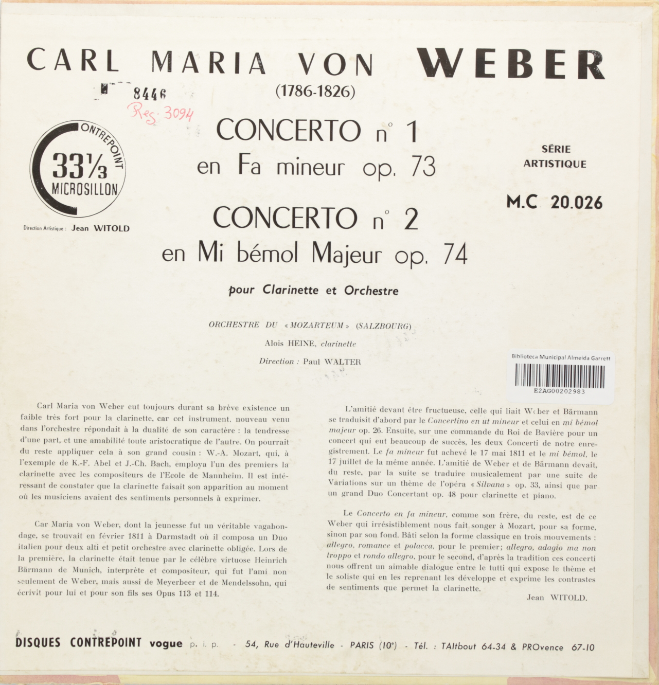 Weber: Concerto pour clarinette et orchestre en Mi bémol Majeur op. 74; Concerto pour clarinette et