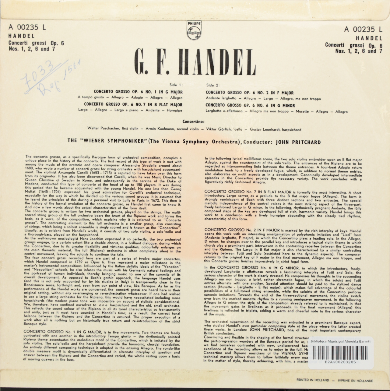 Händel: Concerto grosso Op. 6 No. 1 in G major; Concerto grosso Op. 6 No. 7 in b flat major; Concer