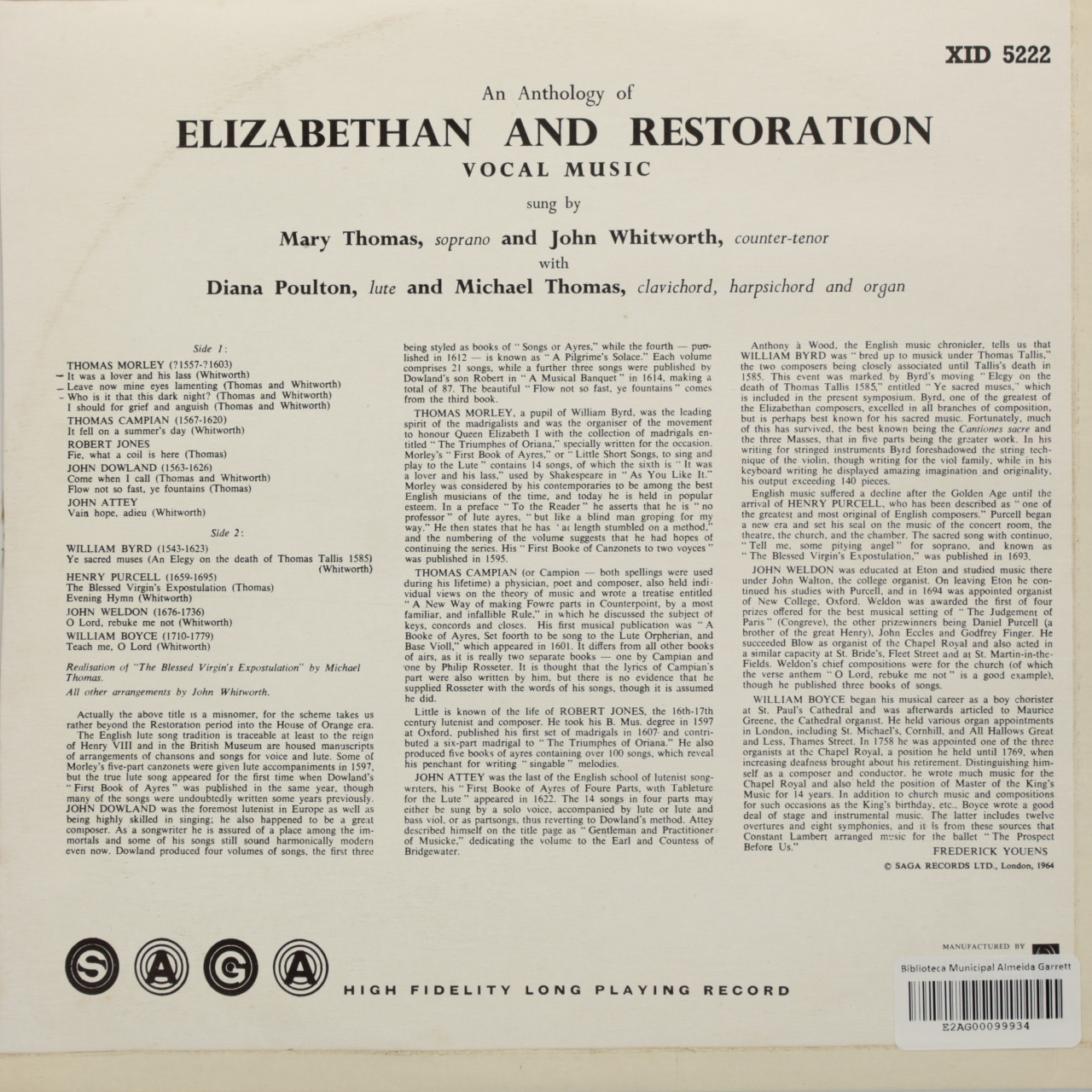 An Anthology of Elizabethan & Restoration Vocal Music
