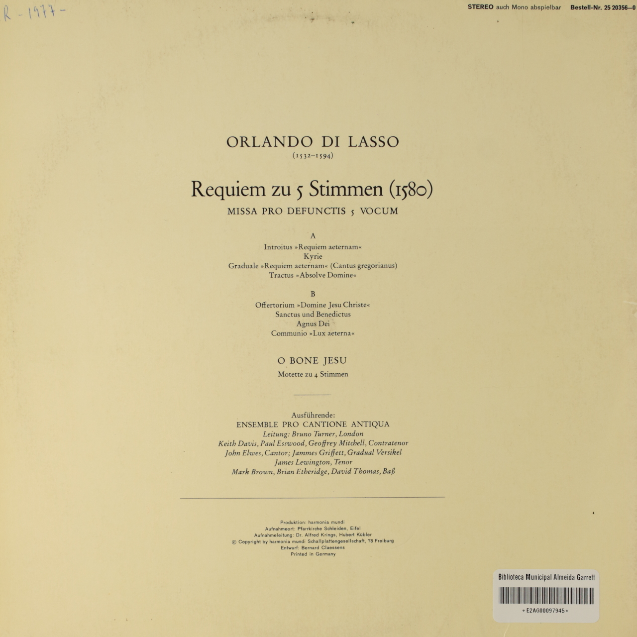 Lasso: Requiem zu 5 Stimmen - Missa pro de functis 5 vocum