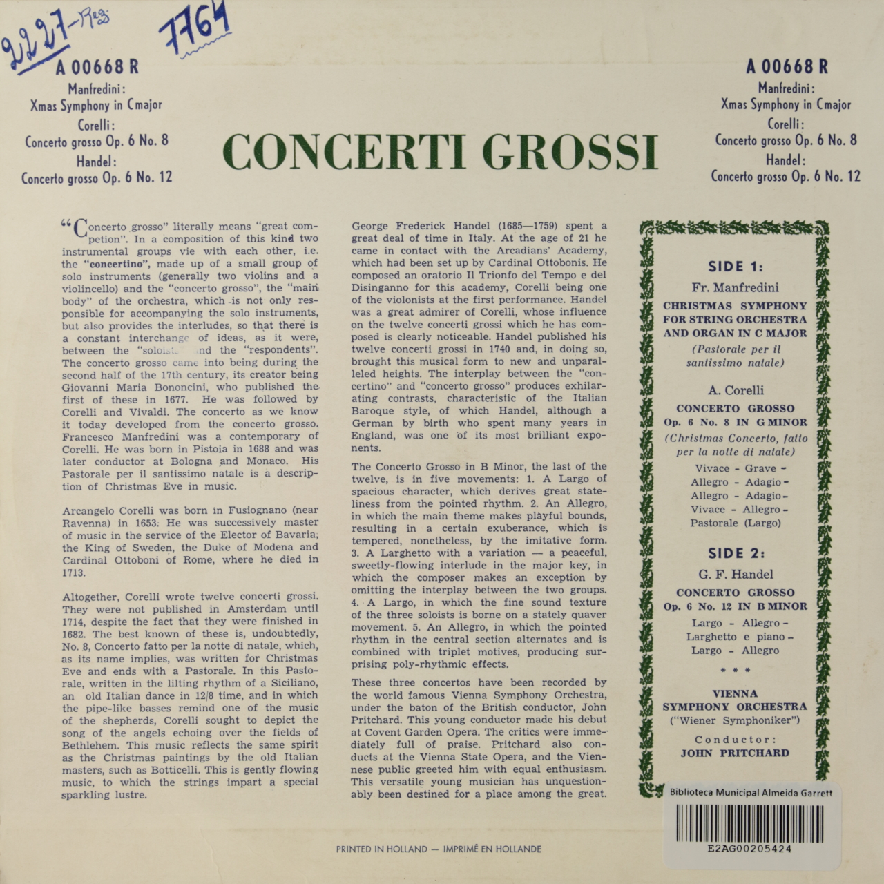 Corelli: Concerto Grosso / Manfredini: Christmas Symphony / Handel: Concerto Grosso